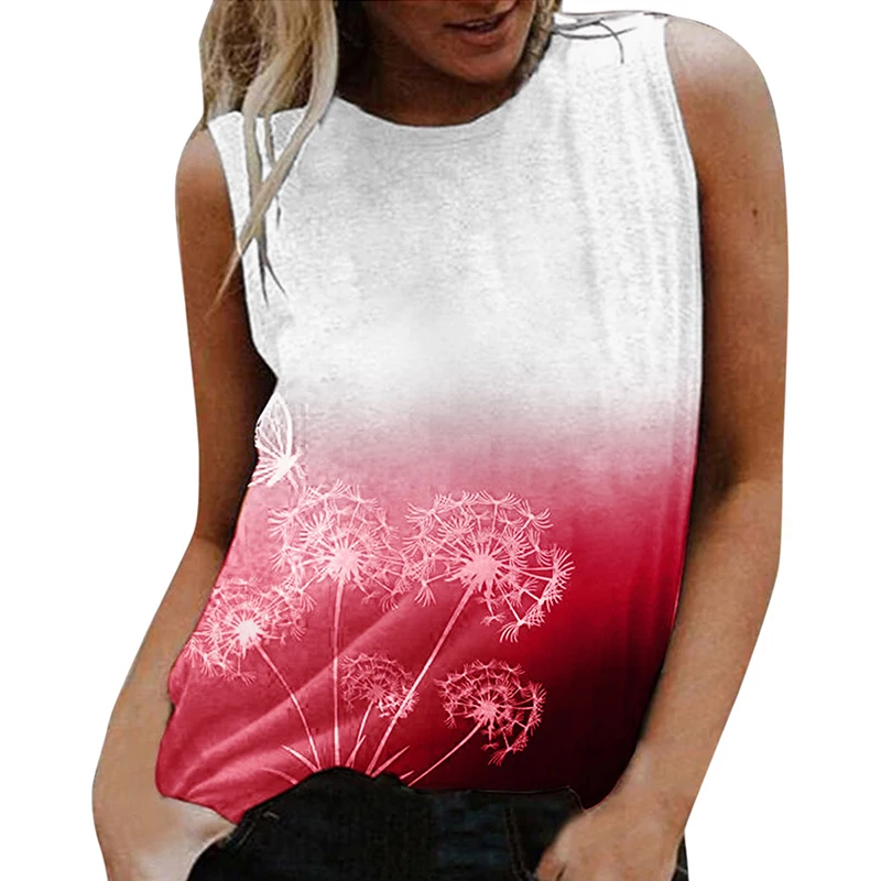 

Summer New Women's Jacket Dandelion Gradient Color Printing Round Neck Vest T Shirt Casual Loose Large Size Clothing