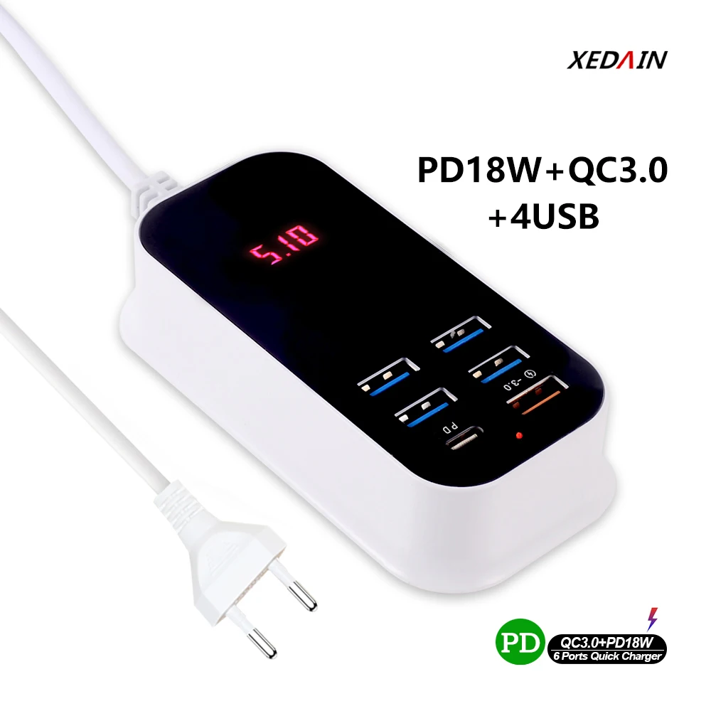 Сетевое зарядное устройство с 6 USB-портами USB Type-C и цифровым дисплеем | Мобильные