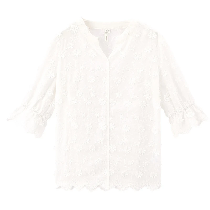 

New 2020 Summer Arriavl Literary Round Collar Pure Cotton Emboidered Sweet Blouse