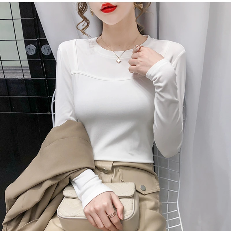 

Fall Winter Korean Style T-Shirt Chic Women Solid O-Neck Tops Ropa Mujer With Fleece Bottoming Shirt Brushed Cotton Tees T00013A