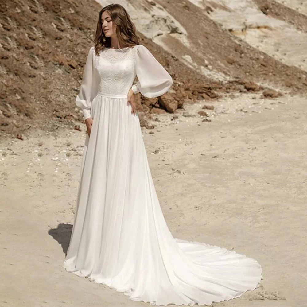 

UETEEY Chiffon High Neck Wedding Dress White A Line Long Sleeve Lace Appliques Sweep Train 2021 Tulle Wedding Gowns