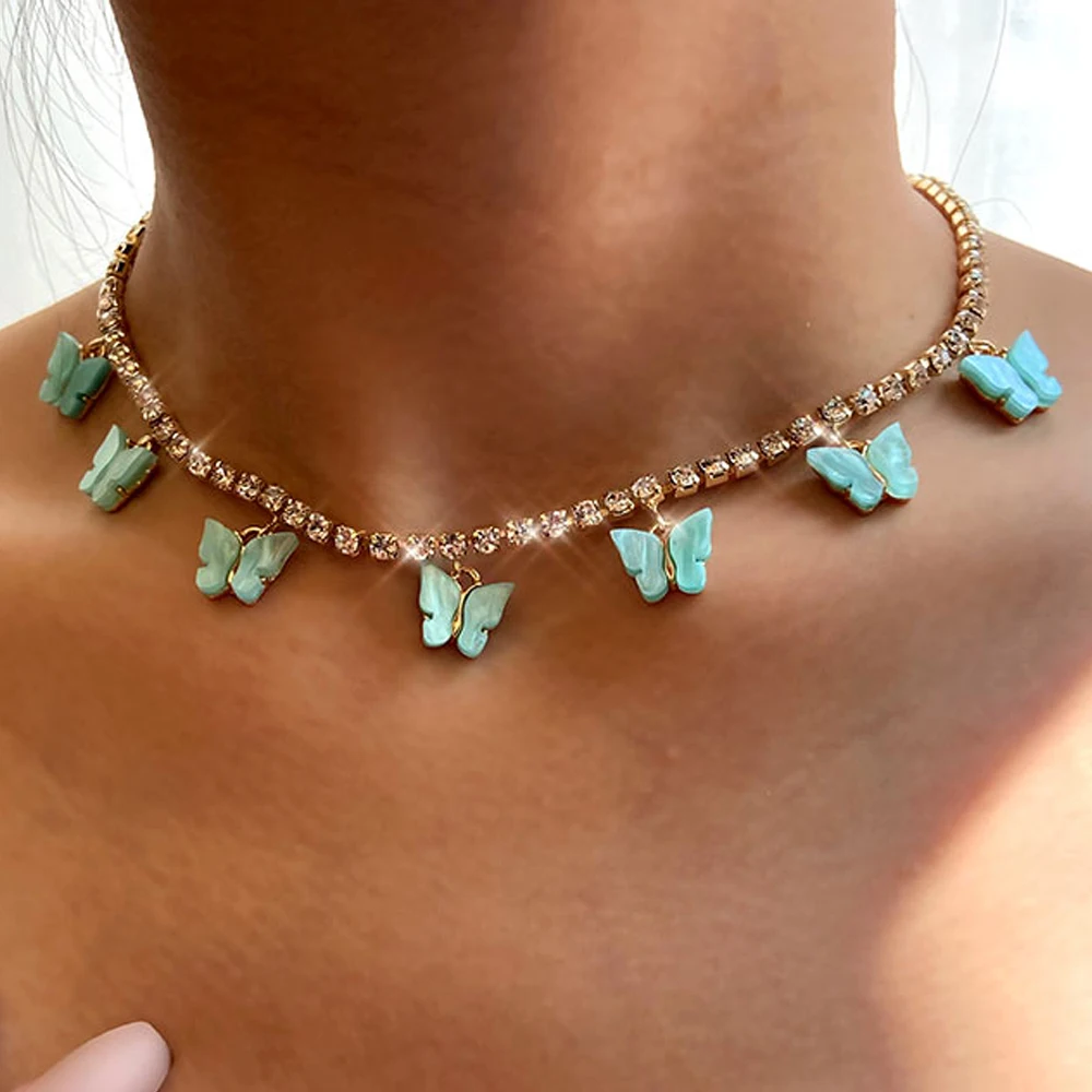 

Bohemia Candy Colors Acrylic Butterfly Pendant Necklaces Shiny Rhinestone Tennis Chain Necklace 2021 New Fashion Jewelry Gifts