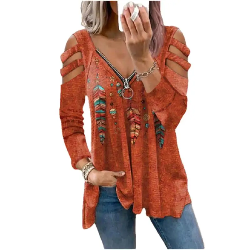 

Hot Autumn Women Loose T-shirts Casual V Neck Off Shoulder Long Sleeve Zipper Shirt Hollow Out Floral Printed Fad Streetwear