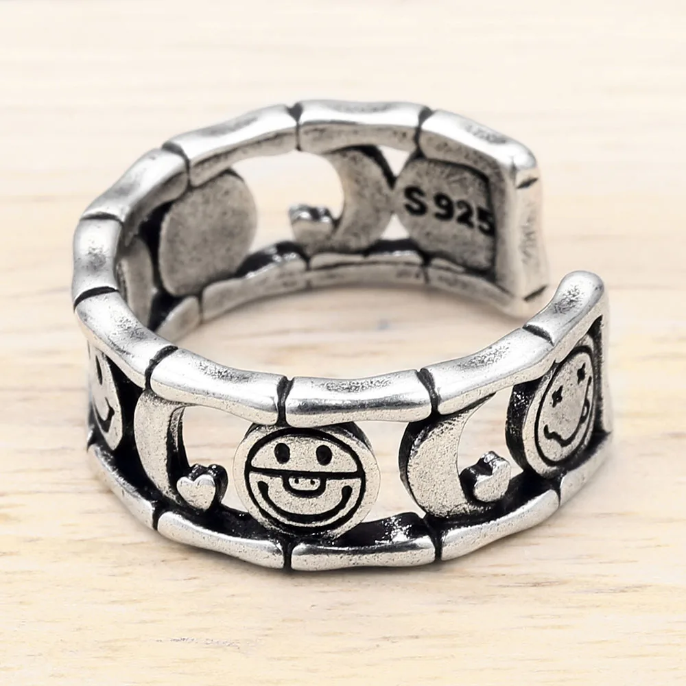 

smile love to moon back Design 925 Sterling Silver Rings moon heart smiley Fine Jewelry Ring for Women hollow Rings Gift