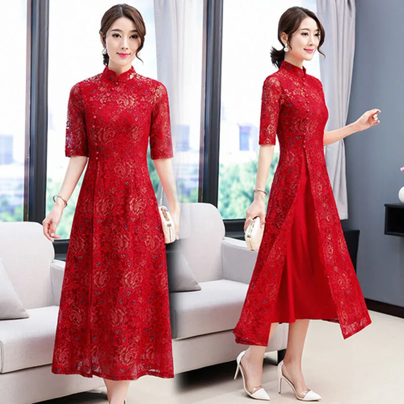 Color5 Вьетнамское платье для женщин, винтажное, восточное, китайское, Qipao, Cheongsams, обтягивающее, облегающее, кружевное, с вышивкой, свадебное, Aodai, одежда - Цвет: Color5