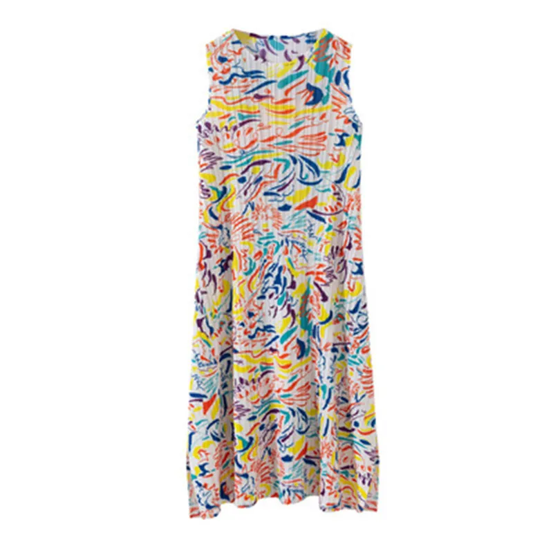 

Miyake pleated French dress women's summer 2021 new fashion and comfortable printing loose large size mid-length vest dress