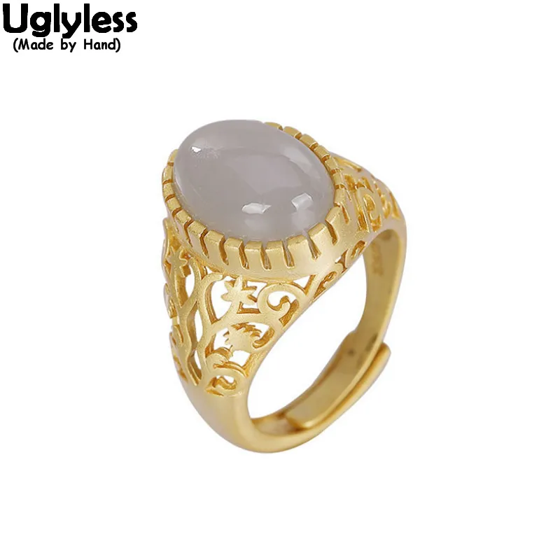 

Uglyless Hollow Vines Palace Designer Women Luxury Natural Gemstones Rings 925 Silver Oval Jade Open Rings Ethnic Dress Jewelry