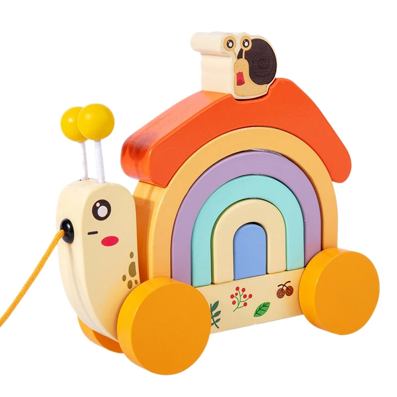 

Cartoon Animal Trailer Toys Baby Wooden Toys Snails Slide Trailer Kids Gifts Rainbow Snail Tractor Baby Walker Toy