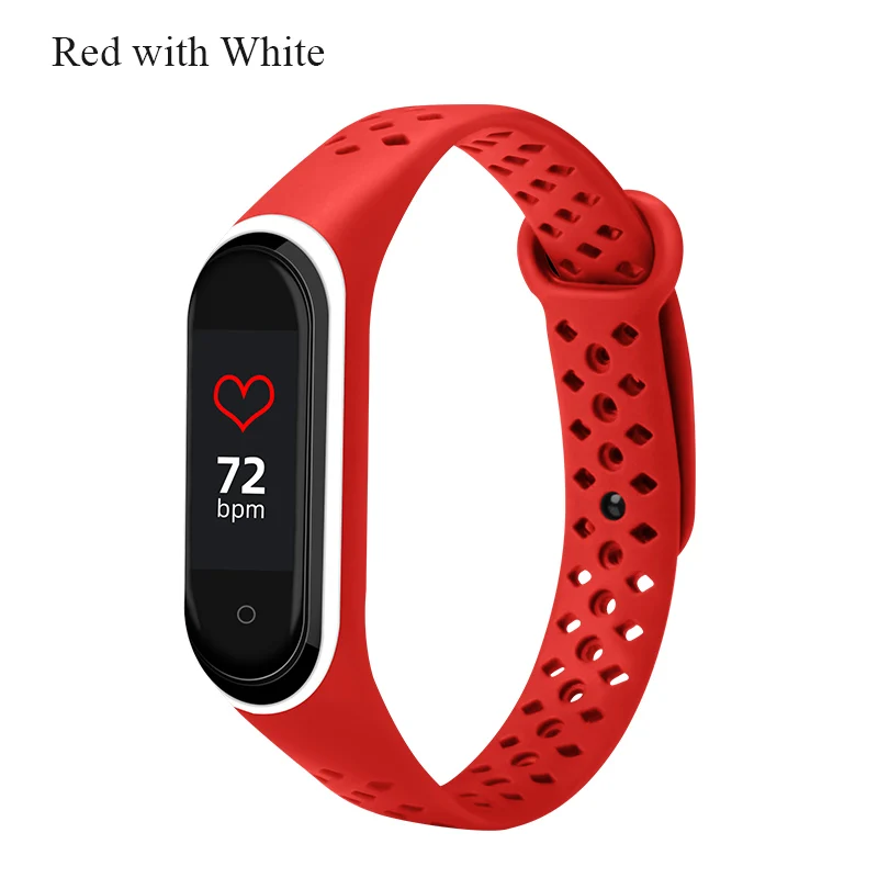 Red with white BOORUI mi band 4 ремешок силиконовый сменный для Xiaomi mi band 4 3 ремешок двойной цвет алмазное отверстие mi band 4 ремешок - Цвет: Red with white