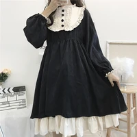 japanese gothic lolita style balck women dress spring kawaii puff sleeve loose vintage ruffles cos ladies dresses vestidos