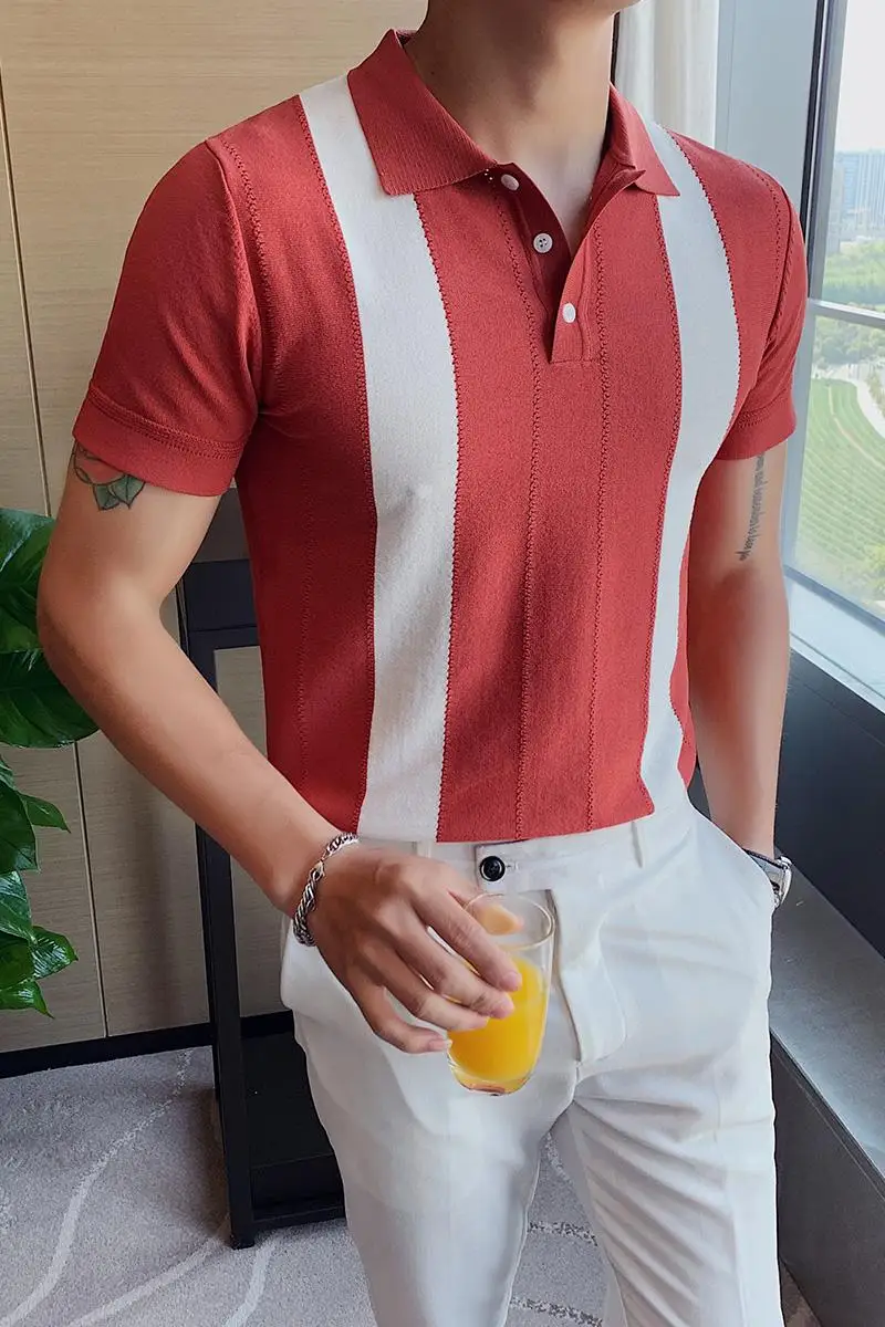 

2020 new Hombre Men Polo Shirt Short Sleeve Knitted Casual Polo Shirt Hit Color British Slim Lapel Ice Silk T-shirt