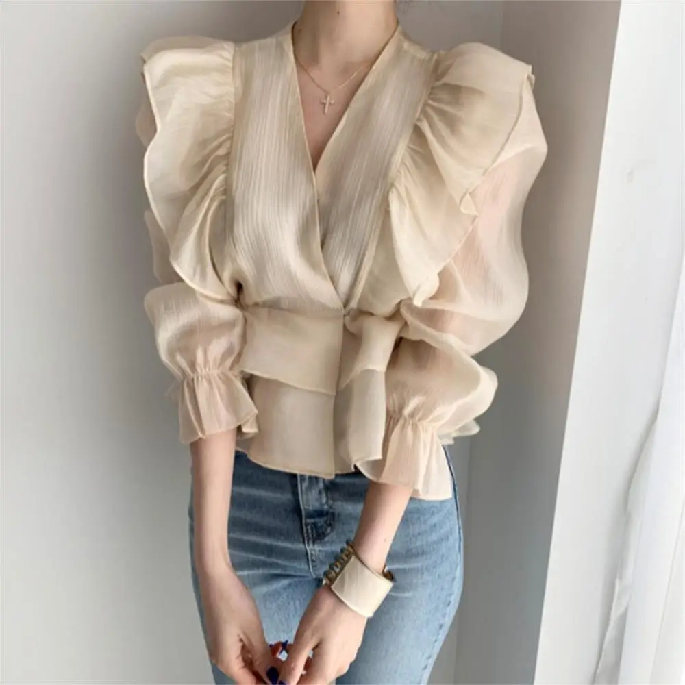 Блузка женская шифоновая с коротким рукавом и V образным вырезом|Блузки| |