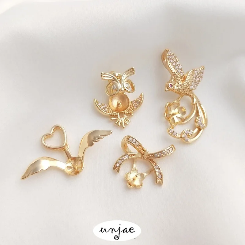 

Color preserving 14K Gold Pendant empty support bow bow Phoenix owl Wing Necklace DIY half hole beads inlaid with beads