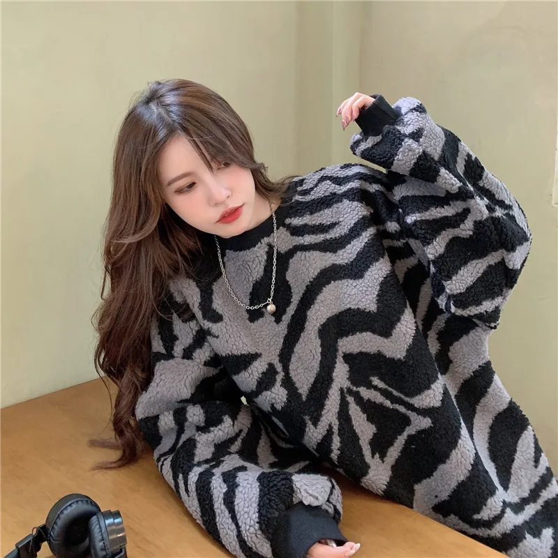 

Women's Sweatshirt Loose Korean Style Autumn Winter Casual Tops 2020 New Plus Velvet Thick Wild Zebra Pattern Pullover Clothing