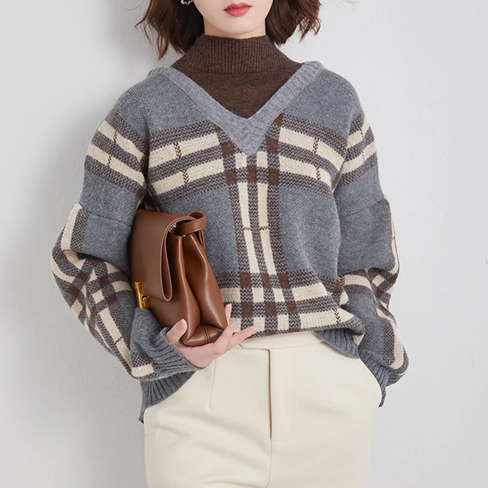 

Women Sweater Pullover Autumn And Winter New Turtleneck Loose Lazy Style Korean Knit Top Women Plaid Clothing Ladies Coat 2021