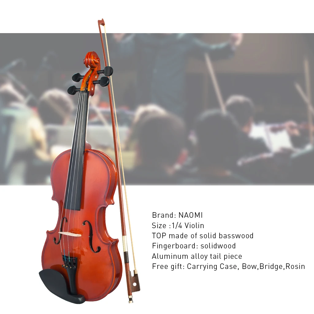 1/4 Violin High Gloss Finishing Violin Student Violin W/Case+Bow+Rosin Set For Biginner Violin Learner Natural Color Violin enlarge