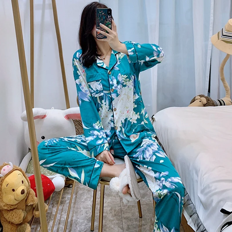 

2021 Spring Autumn Long Sleeve Floral Print Pajama Sets for Women Sleepwear Suit Pyjama Loungewear Homewear Pijama Mujer Clothes