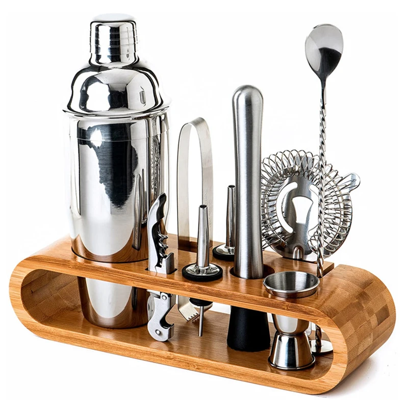 

10pcs/Set Cocktail Shaker Stirrer Kit Stainless Steel Bartender Set With Wooden Stand Bartender Drinking Tool For Bar Party