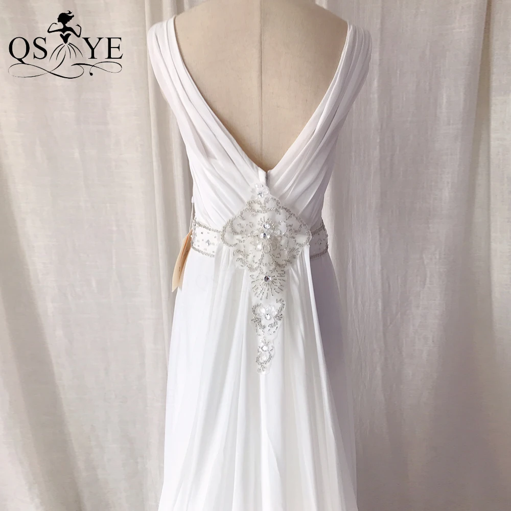 

Ivory Wedding Dresses V Neck Chiffon Bridal Gown Crystal Bead Belt Bride Dress Huge Volume Back Long Shawl Marriage Gown Train