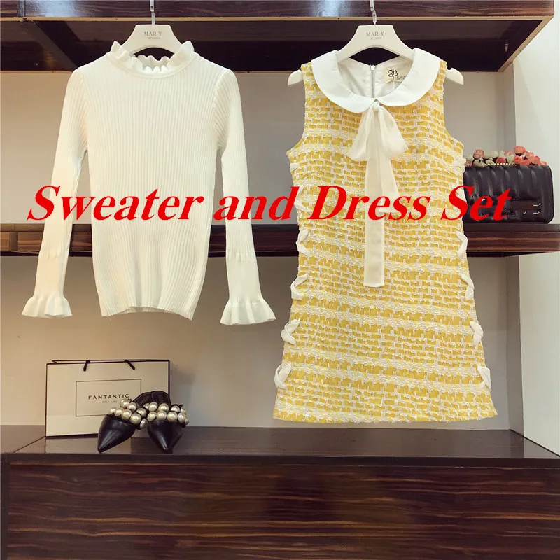 Sweater and Dress Новая Осенняя коллекция года, желтое трикотажное платье-жилет с воротником «Питер Пэн» и белый свитер женский комплект 2 шт. клетчатое платье мини с бантом - Цвет: Sweater and Dress