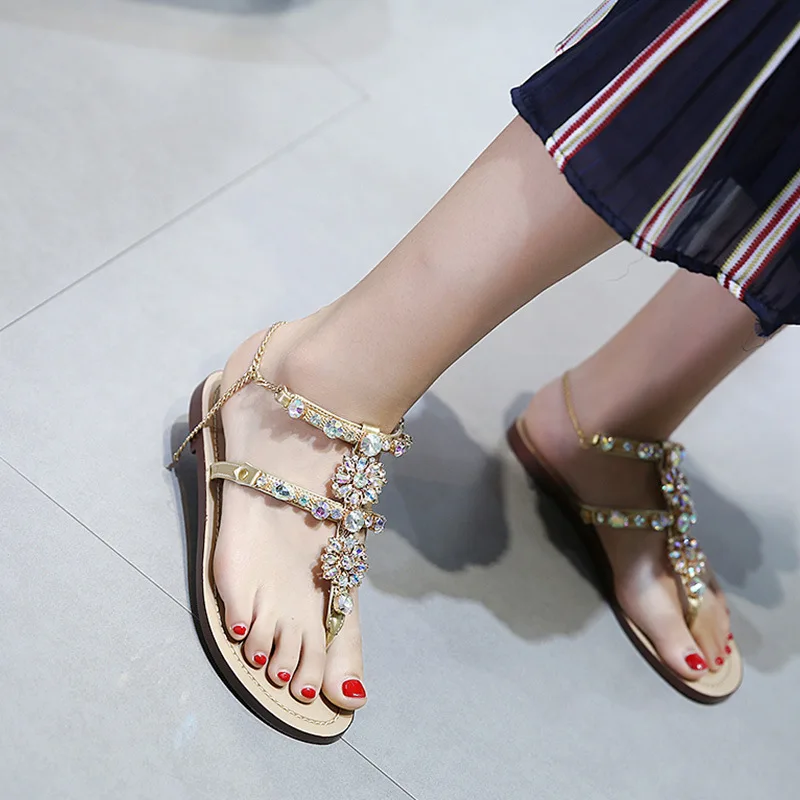 

2021 Summer Women Slippers Adult Slides Fashion Flip Flop Soft Big Size Flats Outside Flat Rome Rhinestone Metal Chain Lady Shoe