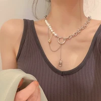 new fashion style hip hop cool style geometric pearl pin necklace collarbone chain personality girl hip hop rock rap jewelry