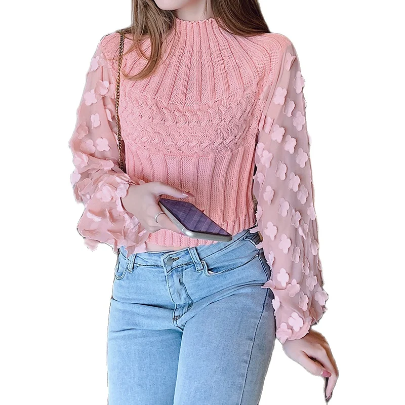 

Heliar 2021 Spring Women Appliques Lantern Sleeve Blouses Sexy Solid Elegant Knitted Cropped Blouse For Women Clothing