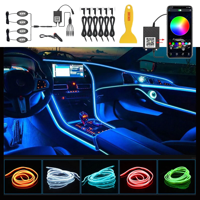 

Car Interior Atmosphere Light EL Wire RGB Neon Lamp APP Sound Control 12V Auto Decorative Light Car Backlight RGB Ambient Light
