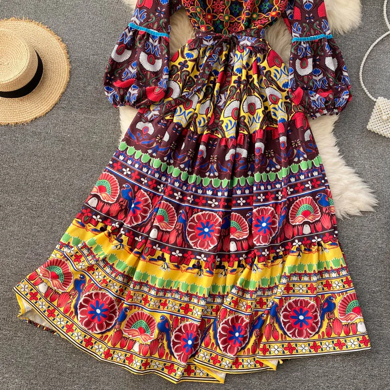 

Women Retro Print Long Dress Korean Puff Sleeve V Neck Lace Up A-line Dresses Autumn Bohemian Print Vacation Dress