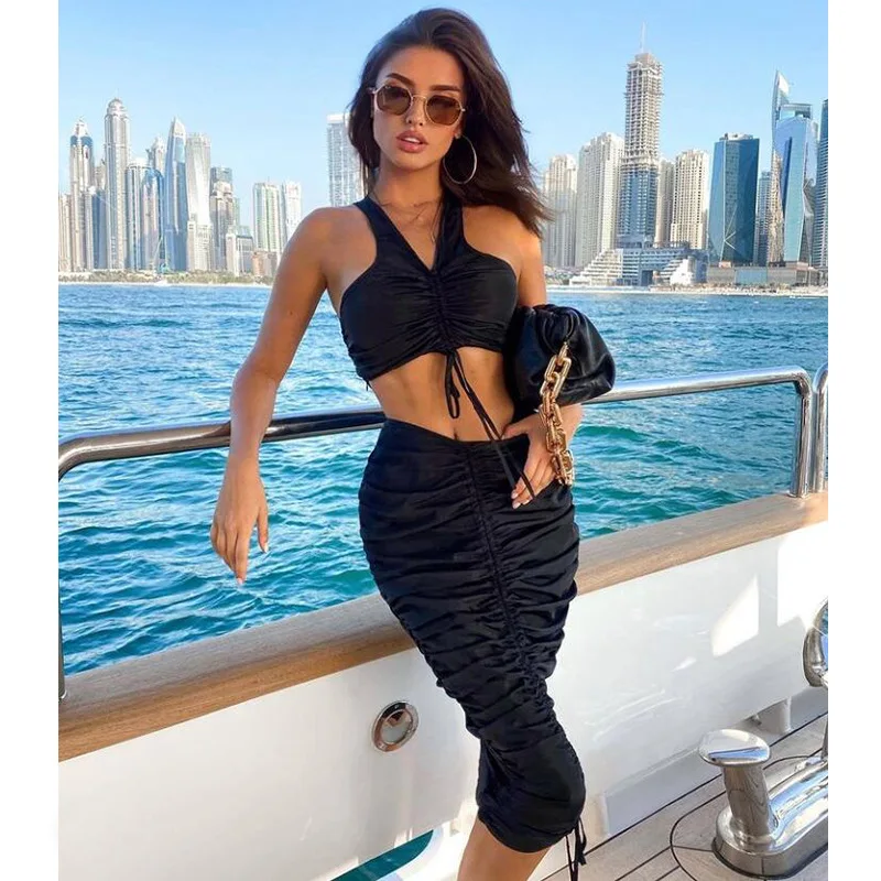 

Модный облегающий костюм из двух предметов, черный укороченный топ без рукавов с открытыми плечами и рюшами и облегающая юбка, Клубные костюмы вечерние