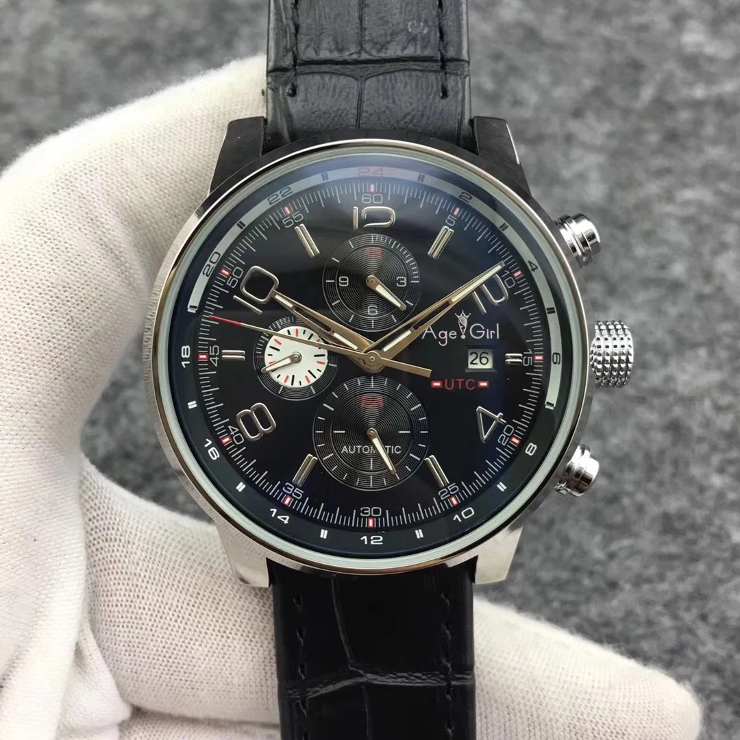 Leather Black Роскошные Брендовые мужские автоматические механические часы из нержавеющей стали черные кожаные светящиеся часы с календарем сапфировое стекло UTC Limited AAA - Цвет: Leather Black