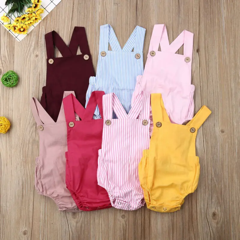 

Baby Boy Girl Romper Summer Button Jumpsuit Striped Casual Sleeveless Backless Solid Outfits Clothes