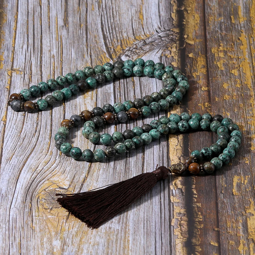 OAIITE 108 Beads African Turquoise Tiger Eye Stone Necklace Golden Buddha Head with Long Tassel Knotted Mala Jewelry | Украшения и