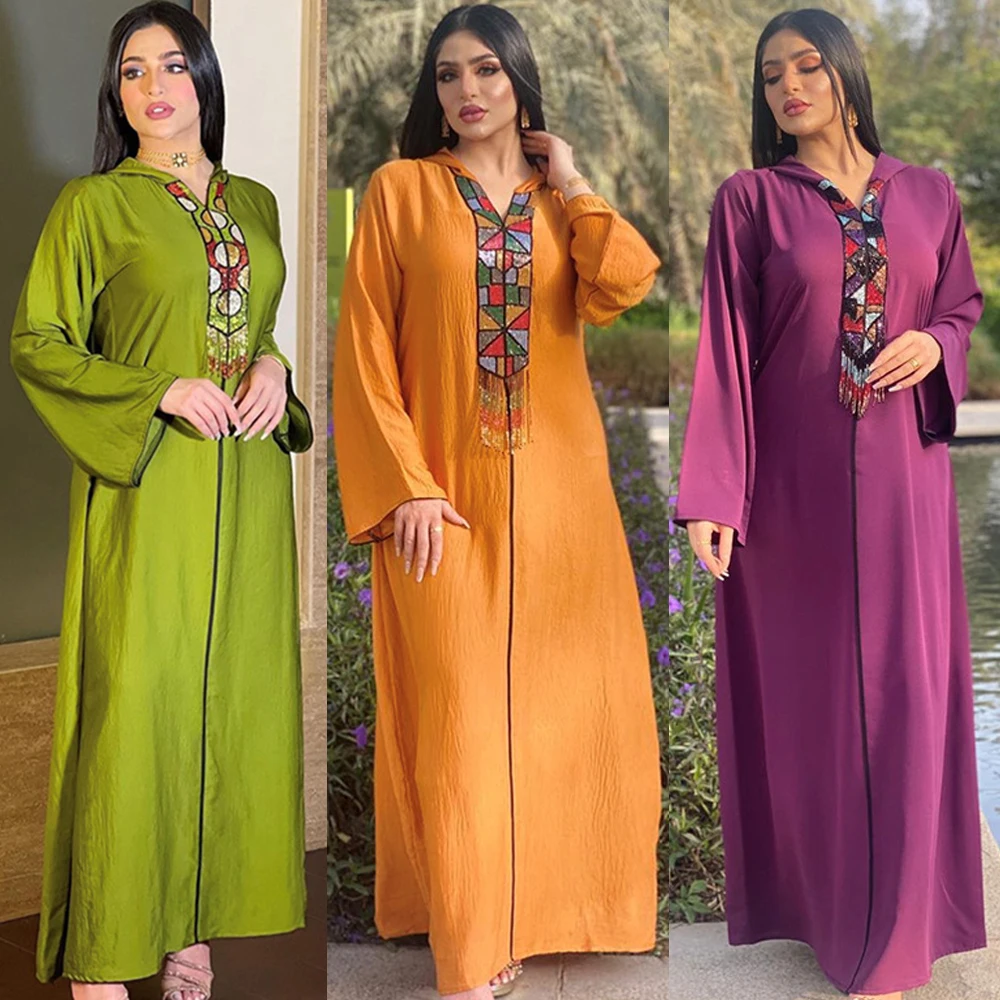 

Autumn Beading Tassel Abaya Middle East Arabic Oman Muslim Hooded Jalabiya Dubai Moroccan Turkey Islam Caftan Women Clothing