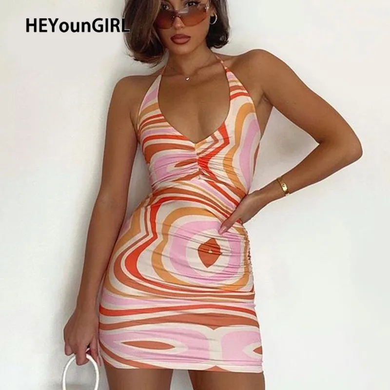 

V Neck Sexy Bodycon Halter Tank Dress Woman Printed Lace Up Sleeveless Backless Mini Dresses Ladies Fashion Street