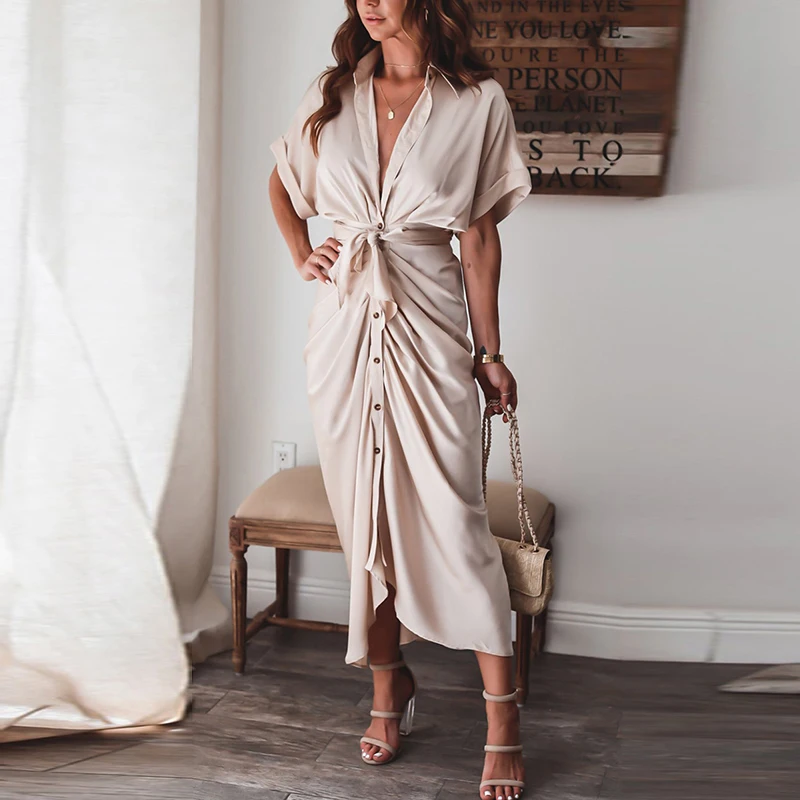 

Summer Sashes Women Dress Short Sleeve Shirt Dress Woman Long Dresses 2021 Casual Button Solid Ladies Sundress Female
