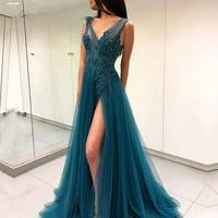 sexy teal green evening dresses 2020 sexy robe de soiree open back side split formal women gowns a line special occasion dress