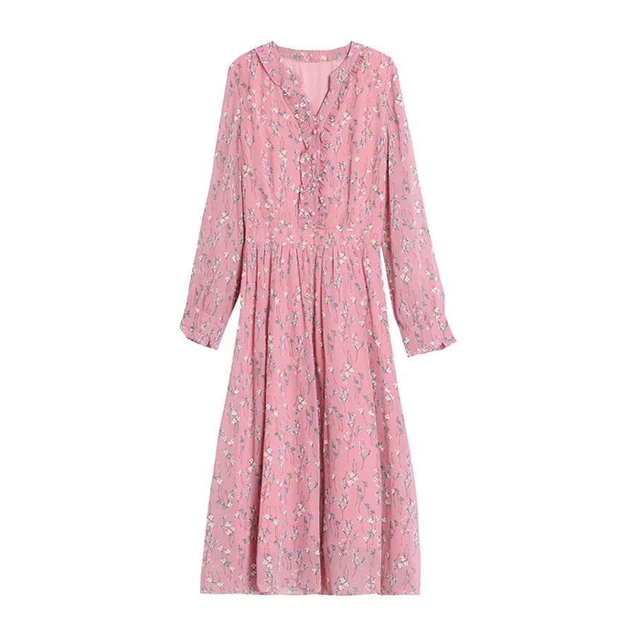 

2021 Vintage Red Floral Chiffon Chic Midi Dress Autumn Winter Femal Print Long Sleeve Dress Women Bodycon Party Classy Vestidos