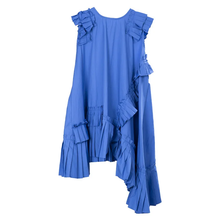 

Women's Ruffle Chic Dresses For Fashion Lady Solid Dress Summer 2021 Irregular Pleated A-line Swing Small Flying Sleeve Dress