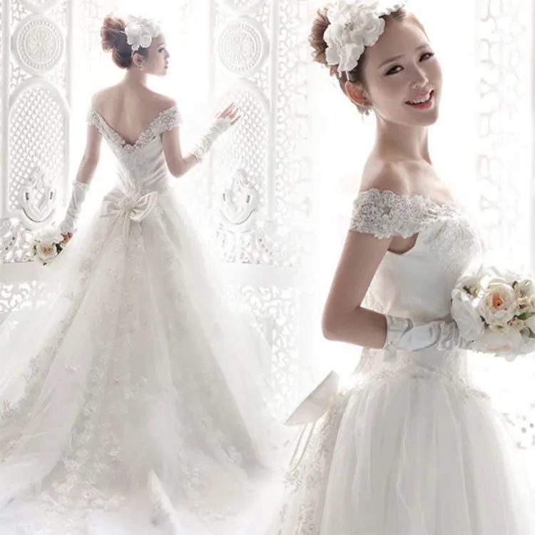 

Gorgeous Appliques Lace Chapel Train A-Line Wedding Dress 2019 Luxury Beaded Boat Neck Sexy Big Bow Bridal Gown Vestido De Noiva