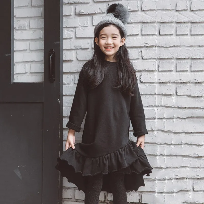 2020 new ruffled Christmas dress little girl warm black teenage wearing long sleeve winter autumn clothes | Детская одежда и обувь