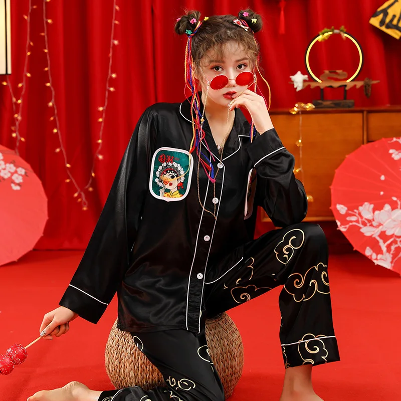 Autumn vintage Chinese tide wind ladies pajamas cardigan long sleeve soft ice silk girl suit home dress