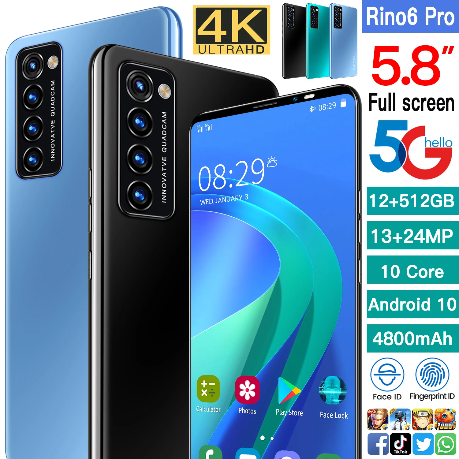

Global Version Rino6 Pro 5.8 Inch HD Screen 10 Core 12GB 512GB 13MP 24MP 4800MAH Snapdragon 888 Smartphone Face ID Mobile Phone