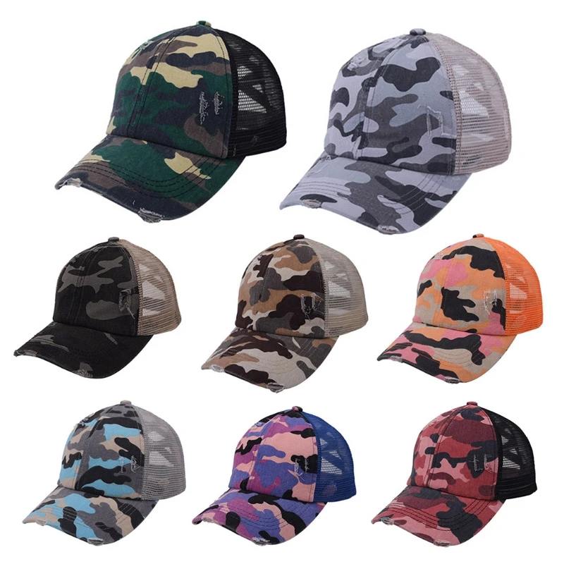 

Womens Camouflage Print Mesh Back Baseball Cap Distressed Criss Cross Ponytail High Messy Bun Adjustable Trucker Dad Hat