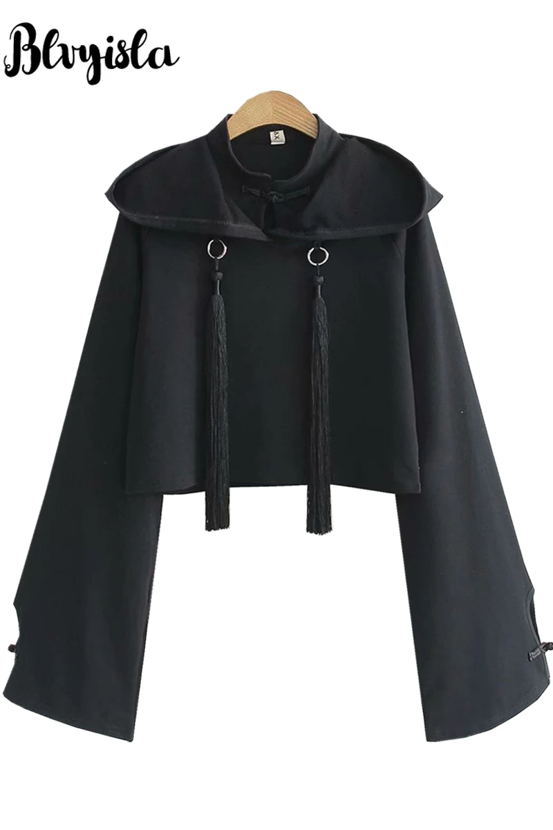 

Blvyisla Black Hooded Tops Sexy Vintage Student Steam Punk Shirts Gotic Chinese Style Short harajuku Top