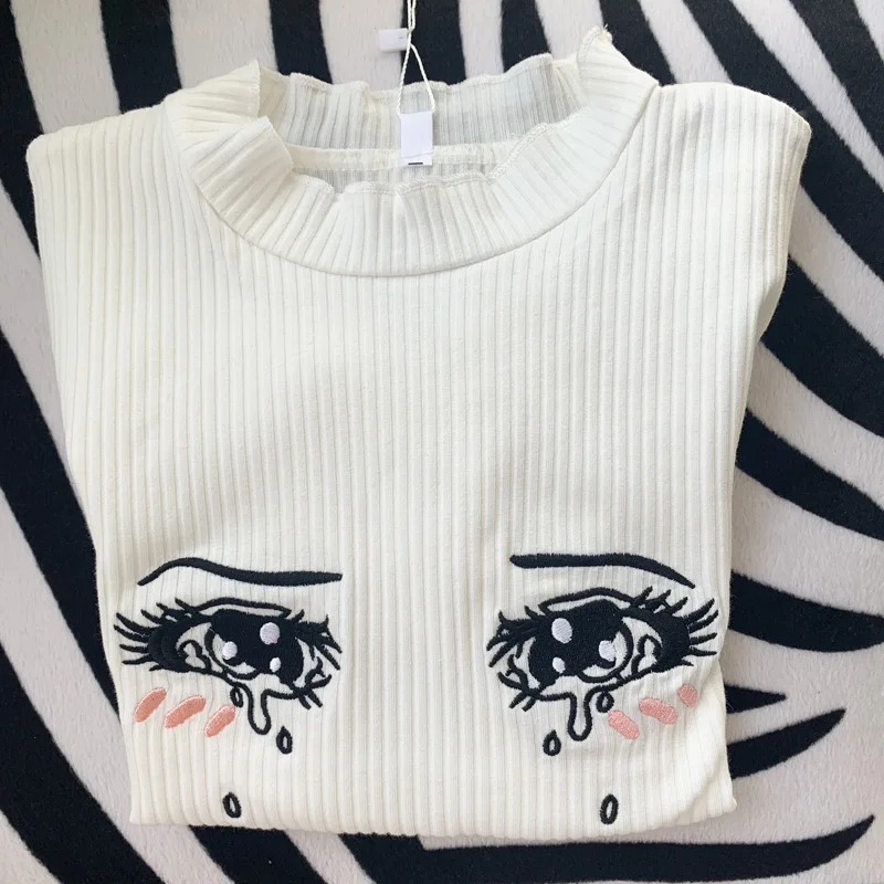 

kywommnz Women Water Eye Embroidered Top, Cardigan Jacket, Navel Thin Short Sleeve, Urban Fashion, White E916