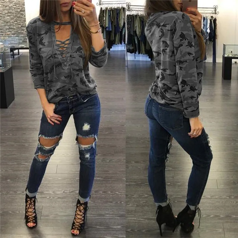 

Women Camouflage Sweatshirt V-Neck Hoodies Pullovers Female Long Sleeve Bandage Tracksuits Jumper Tops Sudaderas Mujer