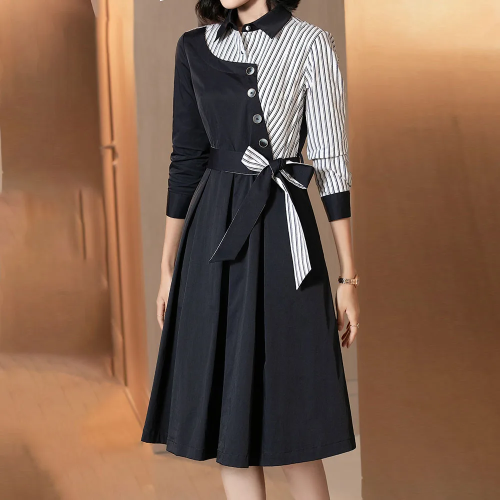 

Fall Stripes Patchwork Office Ladies Dress Lace-Up Button High Waist Swing A-line Dress Simplism Korean Style Women Dress Robes