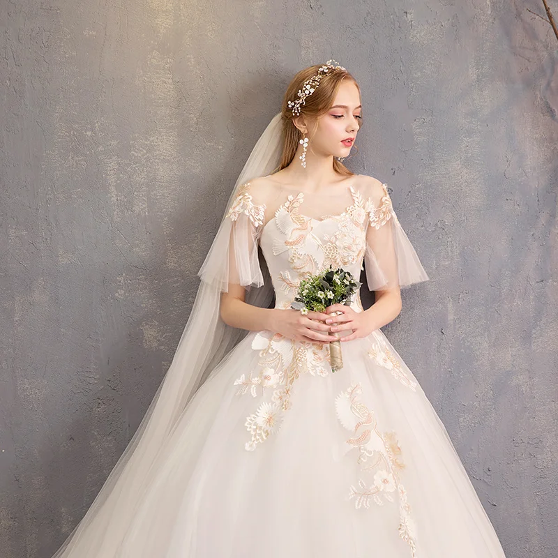 

Robe De Mariee New Korean Sweet Bride Dress Short Sleeves Flower Embroidery Wedding Dresses For Women Bridal Gown Bride To Be