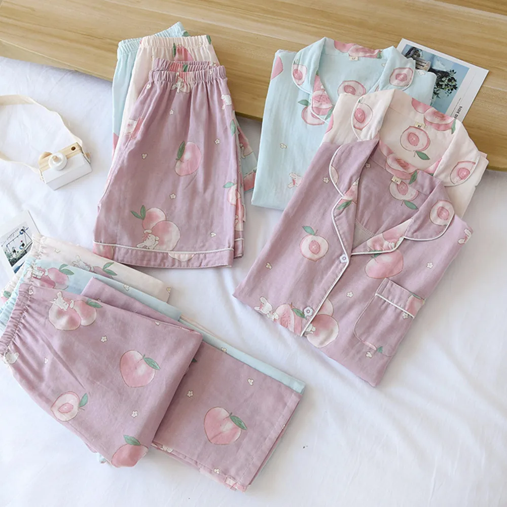

Fdfklak 3Pcs/Set Spring Summer Women Gauze Cotton Pajamas Home Suit Print Pajama Sleepwear Short Sleeve Pyjamas 2021New